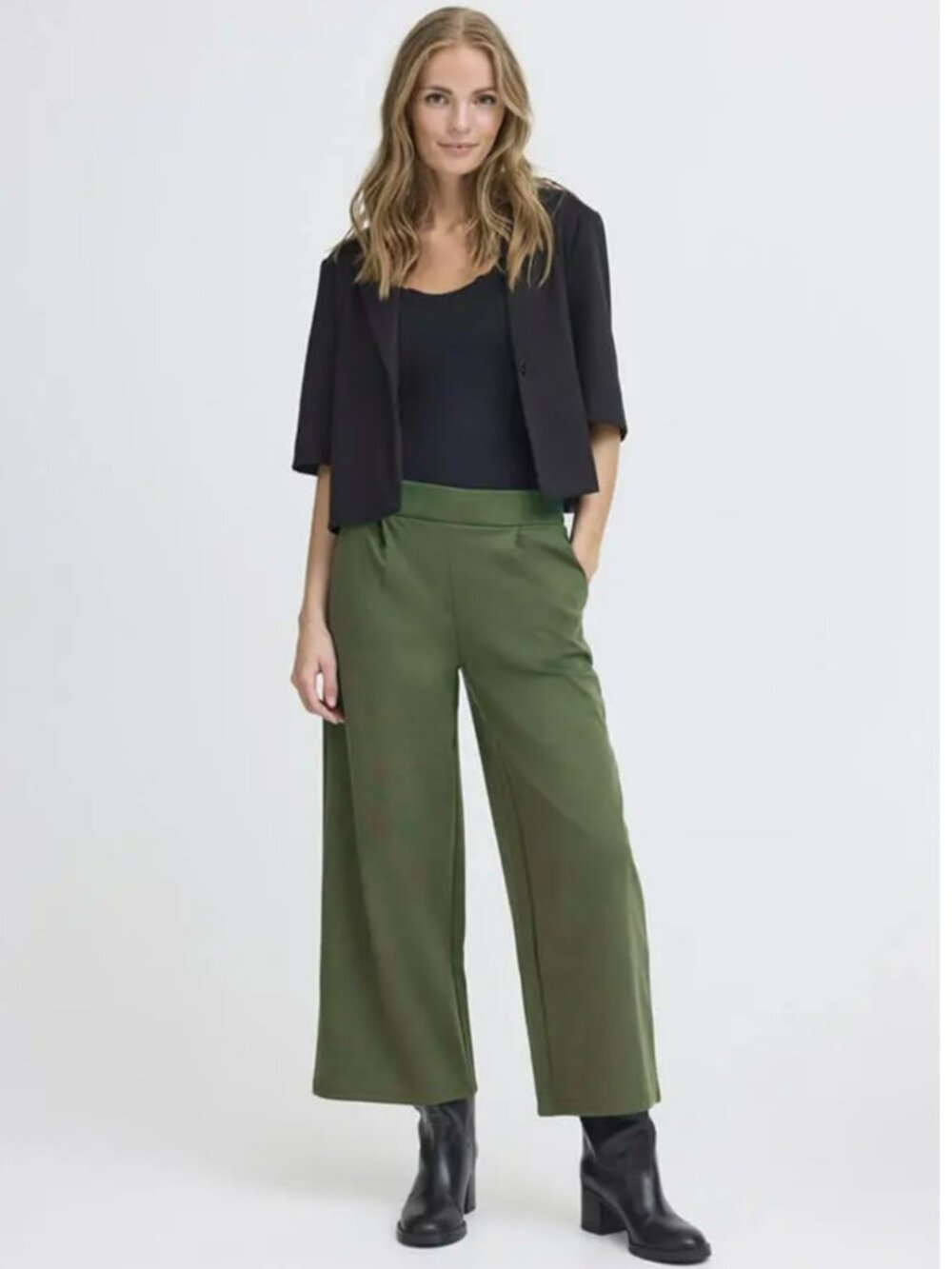 ICHI Wide Leg Cropped Pants Green Size M